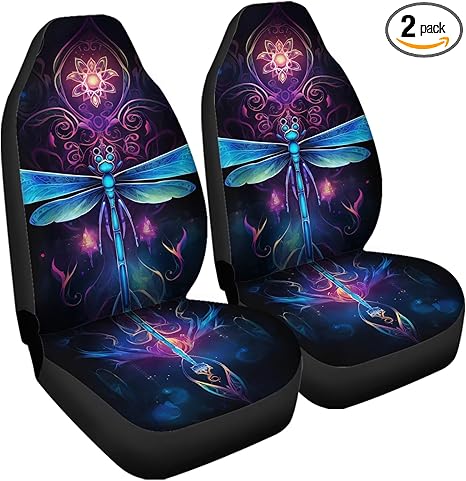 Car Seat Front Cover, 2pcs Blue Dragonfly Purple Boho Floral Pattern Thick Durable Universal Seat Covers for Car Truck Car Accessories - Aries Car Seat Cover for men