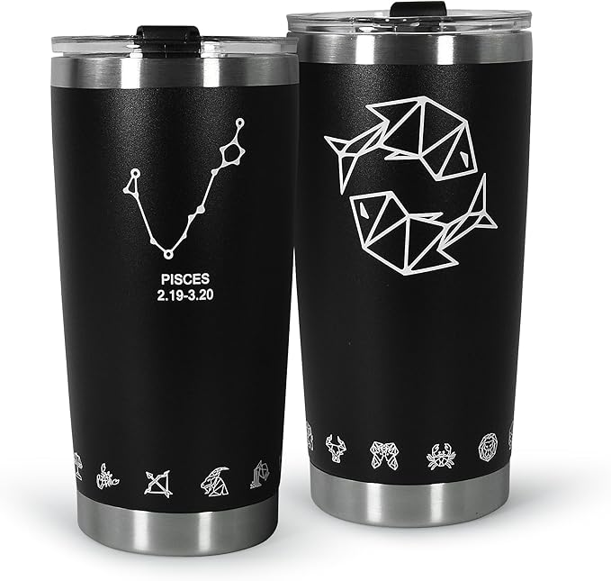sweet grain 20oz Coffee Tumbler - Stainless Steel Double Wall Insulated Constellation Tumbler with Lid and Straw, Personalized Zodiac Gifts for Birthday/Bachelor Party - Pisces - Pisces for men