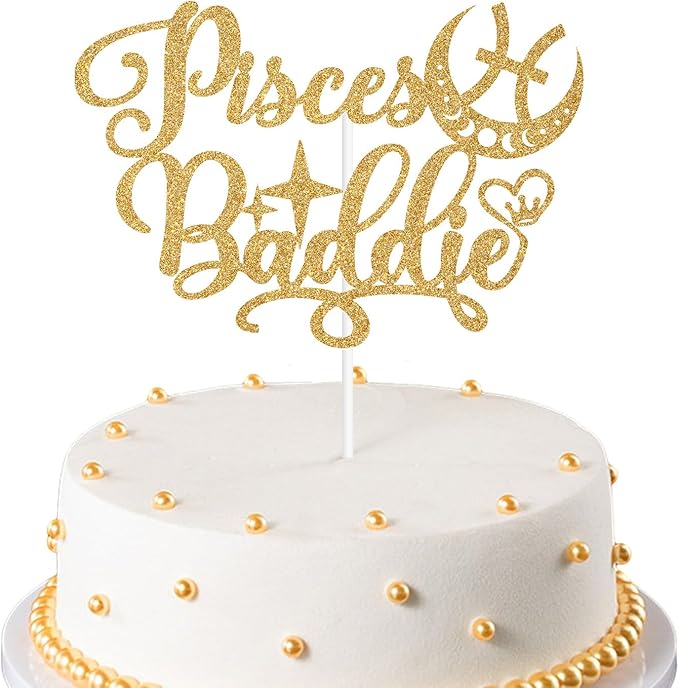 Pisces Baddie Cake Topper, Big Pisces Energy Cake Decor, It's Pisces Birthday, 12 Constellation Zodiac Themed Birthday Party Decorations - Gold Glitter - Pisces for men