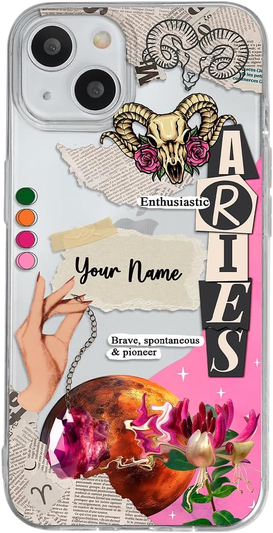 INSTACASE Case Compatible with iPhone 14 Personalized with Your Name Zodiac Sign Aries, Protector Compatible with iPhone 14 Customizable, Case Customized Horoscope Shockproof TPU. Clear - Aries Phone Case for men