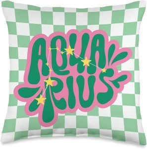 Aquarius Green White Check Viral Zodiac Aquarius Home decor Throw Pillow - Aquarius Pillow for men