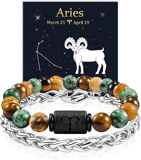 Zodiac Bracelet for Men Women, 2pcs Stainless Steel Chain Bracelet and 8mm Natural Tiger Eye Stone Bead Bracelets with Zodiac Stone Black Star Sign Constellation Horoscope Bracelet Stretch - Aries Bracelet for men