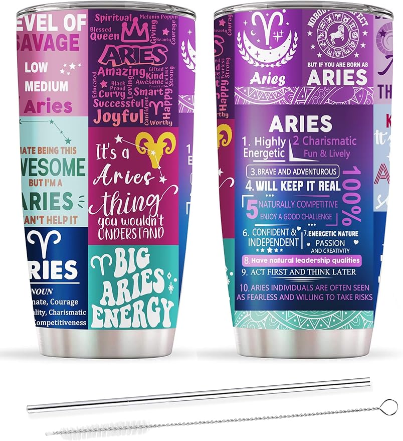 Aries Zodiac Tumbler - Birthday Gift for Women, Astrology Gothic Witchy Cup, Constellation Insulated Coffee Mug With Lid, 20 OZ - Aries Mug for men