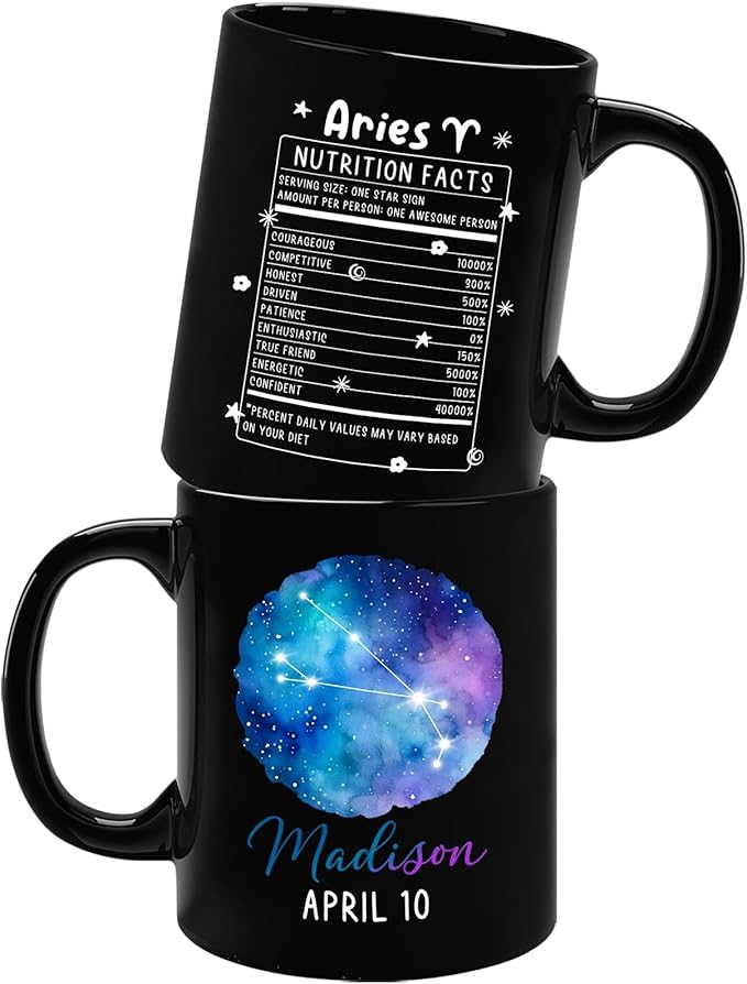 Personalized Aries Mug, Customized Aries Zodiac Coffee Mug, Zodiac Lovers Mug Gifts, Astrological Zodiac Star Sign Ceramic Mugs, Custom Name & Date Aries Cup, Astrology Lovers Black Teacup 11oz 15oz - Aries Mug for men