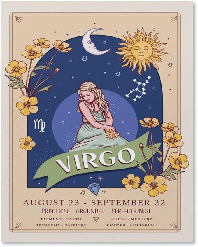 Aikeory Virgo Wall Art Print Poster, Zodiac Sign and Flowers Illustration Print,Dining Room Decor, Bedroom Art, Wall Decor Living Room, Art Deco, Frameless 8x10inch - Virgo Poster for men