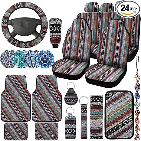 Frienda 26 Pcs Boho Car Seat Covers Full Set Stripe Steering Wheel Cover Seat Boho Accessories Mats Hippie Belt Cover Armrest Crystal Hanging Ornament Holders Fits for Car - Aries Car Seat Cover for men