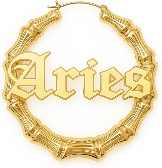 Bamboo Zodiac Sign Hoop Earrings 2.8 inches Gold Plated Pin Catch - Aries Ring for men