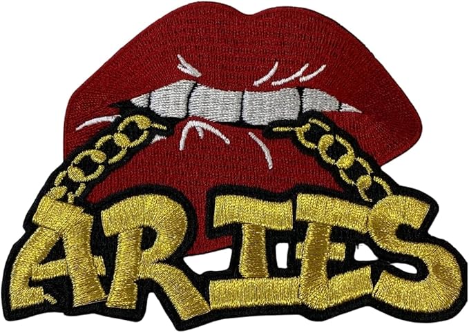 PATCHPARTYCLUB Poppin' Red Lip Aries with Gold Metallic Chain, Size 4", Iron-On Embroidered Patch, Astrology Zodiac Patch, DIY - Aries for men