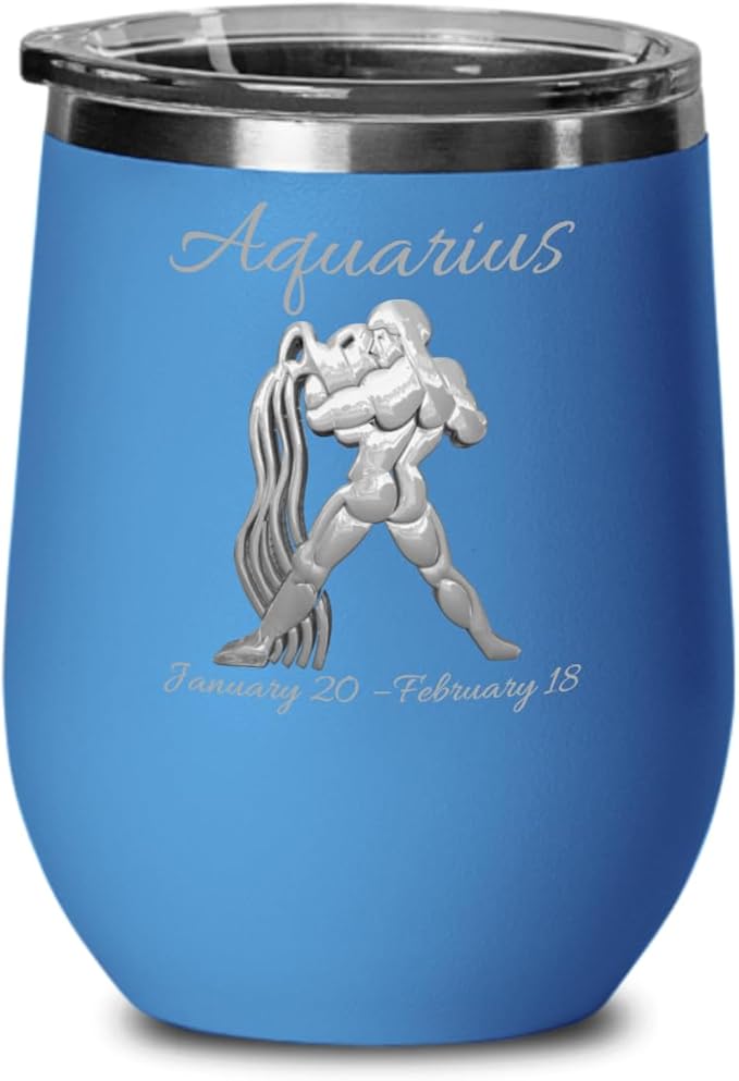 Aquarius Wine Glass, Metallic Zodiac sign 12oz Aquarius Wine Tumbler, Aquarius Sign Mug, Wine glass for Aquarius Dad Mom for birthday Christmas - Aquarius Mug for men