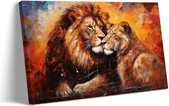 Lnzinro Lion and Lioness Wall Art Framed Pictures Prints Retro Abstract Lion Lioness Wall Art Animal Poster for Room Decor 12x18 inches - Leo Canvas for men
