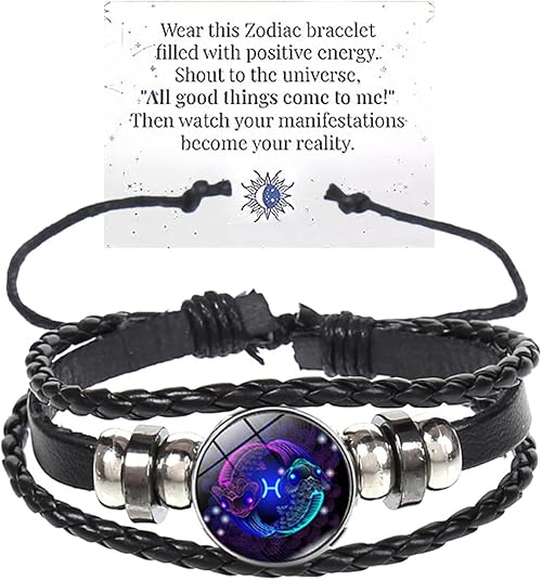 Zodiac Signs Spirit Bracelet Multilayer Adjustable 12 Constellation Black Leather Bracelet Handmade Woven Zodiac Sign Wrap Bracelet Birthday Jewelry Gifts for Women Men - Pisces for men