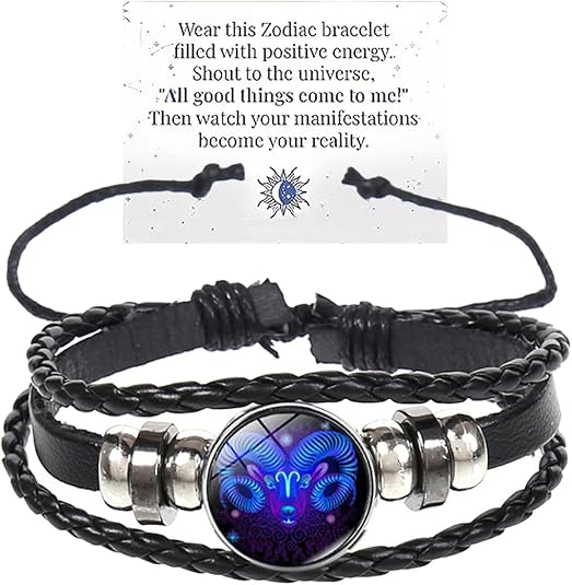Zodiac Signs Spirit Bracelet Multilayer Adjustable 12 Constellation Black Leather Bracelet Handmade Woven Zodiac Sign Wrap Bracelet Birthday Jewelry Gifts for Women Men - Aries Bracelet for men