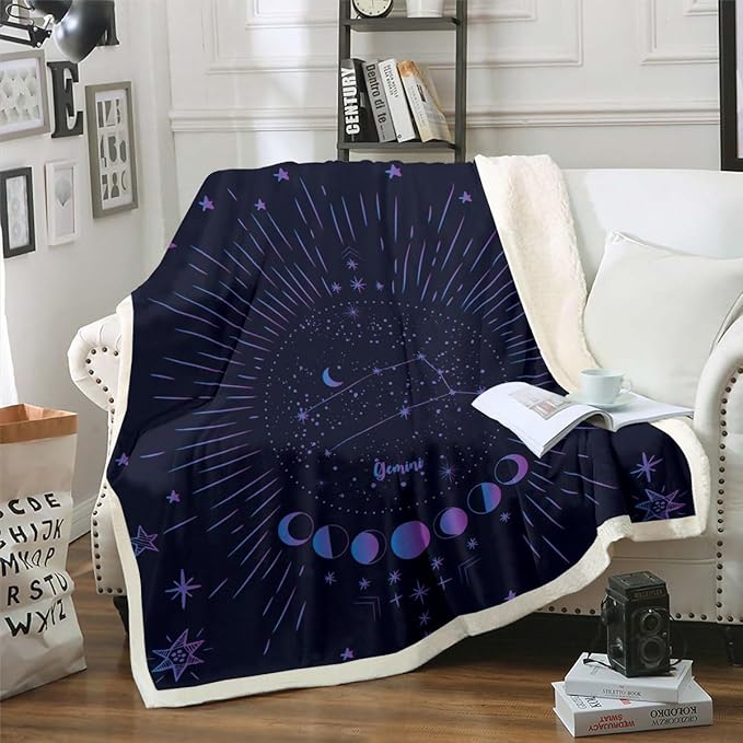Erosebridal Gemini Fleece Blanket Zodiac Constellation Throw Blanket for Girls Boys Youth Psychedelic Astrology Horoscope Fuzzy Blanket Galaxy Stars Sun Moon Plush Bed Blanket 40"X50" - Gemini Blanket for men