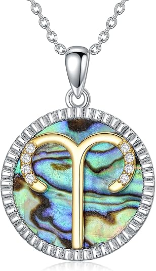 Natural Diamond Zodiac Necklace with Abalone Shell for Women S925 Sterling Silver 12 Constellation Coin Disc Necklace Pendant - Aries Necklace for men