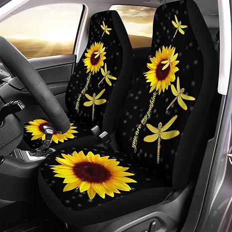 2 Pieces Durable Car Seat Covers Front Seats Only Yellow Dragonfly Sunflower Print Auto Bucket Seat Cover Protector Universal Seat Cushion for Cars, Sedan, Van, Trucks - Aries Car Seat Cover for men