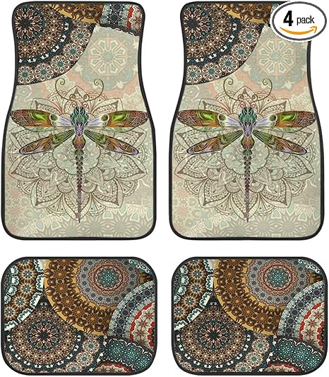 Car Floor Mats, Bohemian Mandala Dragonfly Print Floor Carpet Mat 4 Pieces Sets All Weather Front & Rear Mats All-Purpose Car Floor Carpet Protector Mat for Most Car - Aries Car Floor Mat for men