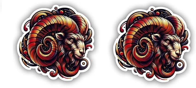 Set of 2 Fiery Aries Ram Zodiac Sign Decal – Perfect for Laptop, Car Window, Bumper, Waterproof & Durable Sticker with Celestial Charm, Truck & Auto Adornment (4") - Aries Sticker for men