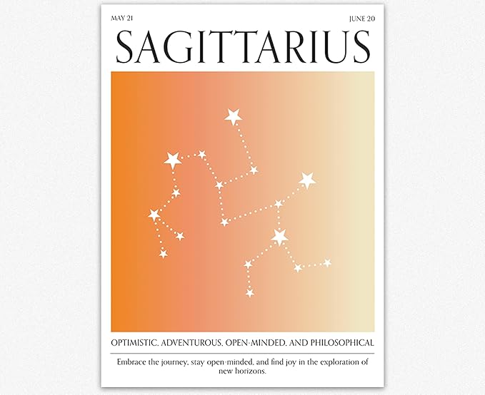 Wallbuddy Sagittarius Zodiac Sign Poster | Gradient Orange Pink Room Decor Unframed Art Prints | Astrology Decor for Living Room, Office and Bedroom Decor | Constellation Poster (12x16 inches) - Sagittarius Home Decor for men
