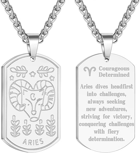 Zodiac Sign Dog Tag Necklace for Men Boys, Stainless Steel Horoscope Astrology Pendant Chain Birthday Jewelry Gifts 24Inches - Aries Necklace for men