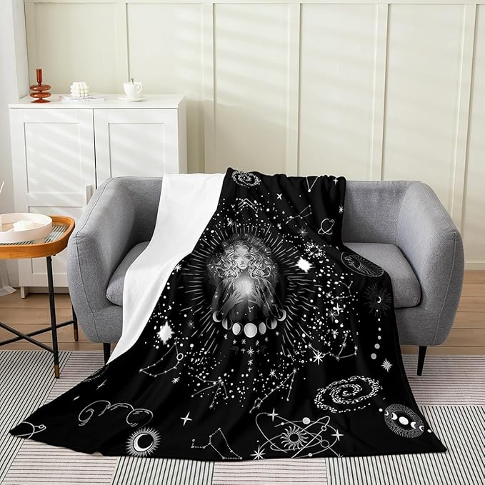 Erosebridal Virgo Blanket Blanket Throw 50x60 inch Black White Constellations Celestial Fleece Blanket,Horoscope Hippie Moon Phase Throw Blanket,Trippy Mystic Nebula Flannel Blanket for Office Chair - Virgo Blanket for men
