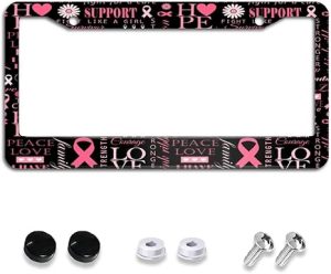 Breast Cancer Awareness License Plate Frame, Pink Ribbon License Plate Holder Stainless Steel Car Plate Cover Accessory Tags Decor 2 Holes Screws 12X16'' Fit All US Vehicle Decoration for Women Men - Cancer Car Accessories for men