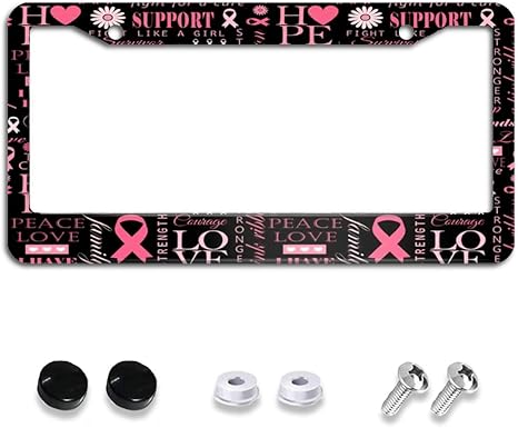 Breast Cancer Awareness License Plate Frame, Pink Ribbon License Plate Holder Stainless Steel Car Plate Cover Accessory Tags Decor 2 Holes Screws 12X16'' Fit All US Vehicle Decoration for Women Men - Cancer Car Accessories for men
