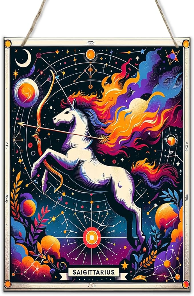 Sagittarius Zodiac Sign wood Signs Celestial Archer Themed Wall Art,Astrological wooden sign Decor for Home Office,Vintage Horoscope Poster for Star Sign Enthusiasts,room,indoor outdoor decor 8x12inch - Sagittarius Home Decor for men