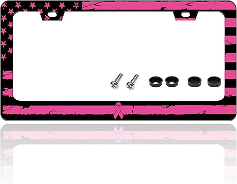 Breast Cancer Awareness Pink Ribbon License Plate Frame American Flag License Plate Holder for Front or Rear Car Tags Reusable Stainless Steel Funny Car Decoration with Screws 6.3 X 12.2 in - Cancer Car Accessories for men