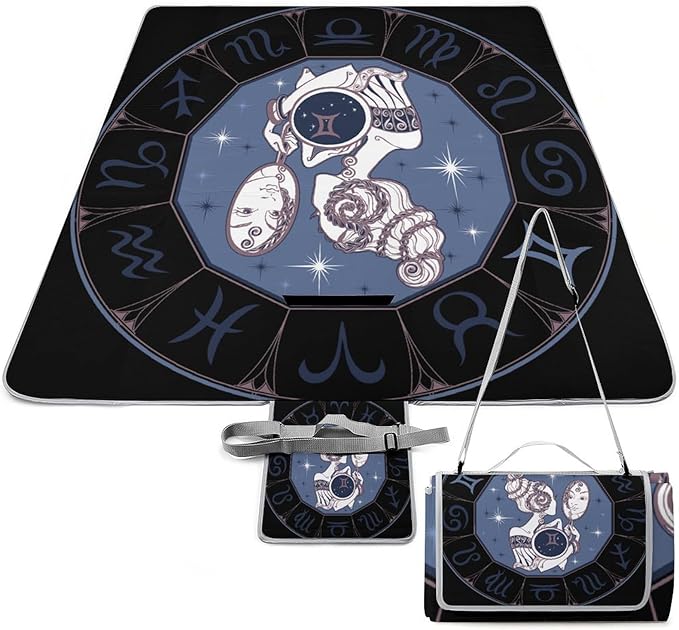 Zodiac-Sign-Gemini Square Large Picnic Mat Foldable Picnic Blankets Outdoor Beach Blanket for Travel Park Grass Camping Hiking 58.3x58.3in - Gemini Blanket for men