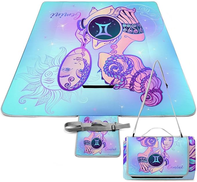 Zodiac-Sign-Gemini Square Large Picnic Mat Foldable Picnic Blankets Outdoor Beach Blanket for Travel Park Grass Camping Hiking 58.3x58.3in - Gemini Blanket for men