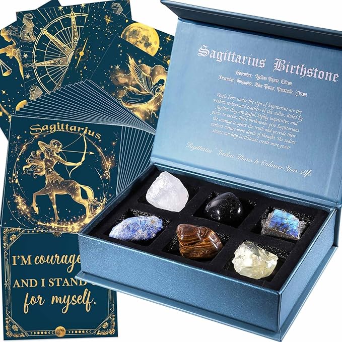 Faivykyd Sagittarius Birthday Crystals Gifts - 6 Sagittarius Zodiac Healing Stones w/ 50 Miracle Mantras Affirmation Cards, Spiritual Gifts for Positive Energy, Self-Care, Love & Wealth - Sagittarius Home Decor for men