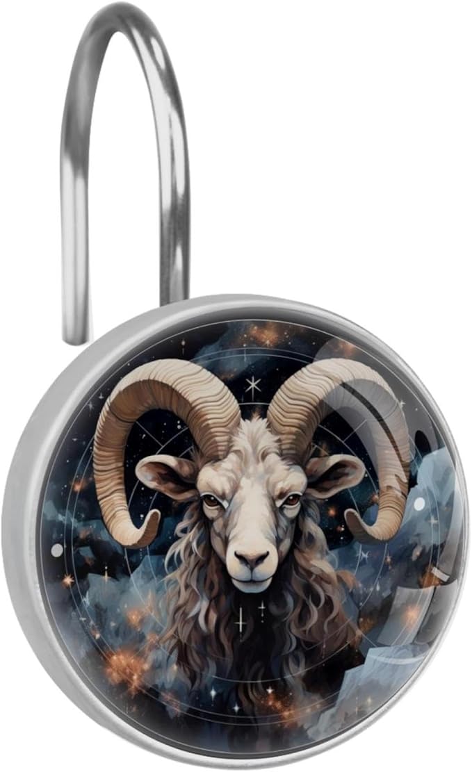 12 Pcs Sign of Aries Shower Curtain Hooks, Rust Resistant Hooks Rings for Bathroom, Stainless Steel Decorative Shower Rings for Shower Curtains Rods - Aries Ring for men