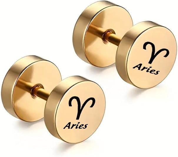 Zodiac Earrings For Men Teen s,Mens Earrings Astrology Jewelry Stainless Steel 2 Sides 12 Constellation Birthday Gift Screw Flat Back Stud Earring Faux Fake Ear Plug for Him - Aries Earrings for men