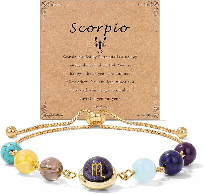 Raicegs Zodiac Bracelets for Women 18K Gold Plated Natural Stone Zodiac Sign Bracelets Gemstone Beads Healing Crystal Bracelets Constellation Horoscope Jewelry Gifts - Scorpio Products for men