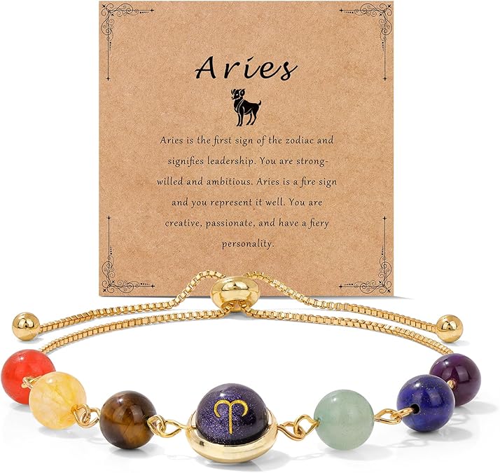 Raicegs Zodiac Bracelets for Women 18K Gold Plated Natural Stone Zodiac Sign Bracelets Gemstone Beads Healing Crystal Bracelets Constellation Horoscope Jewelry Gifts - Aries for men