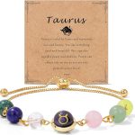 Raicegs Zodiac Bracelets for Women 18K Gold Plated Natural Stone Zodiac Sign Bracelets Gemstone Beads Healing Crystal Bracelets Constellation Horoscope Jewelry Gifts - Taurus Products for men