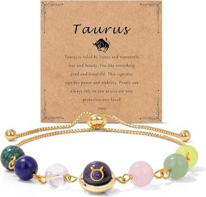 Raicegs Zodiac Bracelets for Women 18K Gold Plated Natural Stone Zodiac Sign Bracelets Gemstone Beads Healing Crystal Bracelets Constellation Horoscope Jewelry Gifts - Taurus Products for men