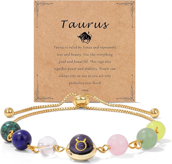 Raicegs Zodiac Bracelets for Women 18K Gold Plated Natural Stone Zodiac Sign Bracelets Gemstone Beads Healing Crystal Bracelets Constellation Horoscope Jewelry Gifts - Taurus Products for men