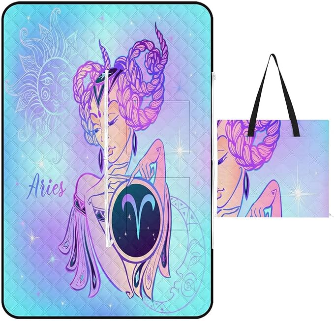 Zodiac-Sign-Aries Picnic Blankets Outdoor 60""x40"" Waterproof Beach Blanket, Foldable Portable Tote Bag, 3-Layer Park Mat for Grass Hiking Travel Concerts, 150x100cm, Style-5 - Aries Blanket for men