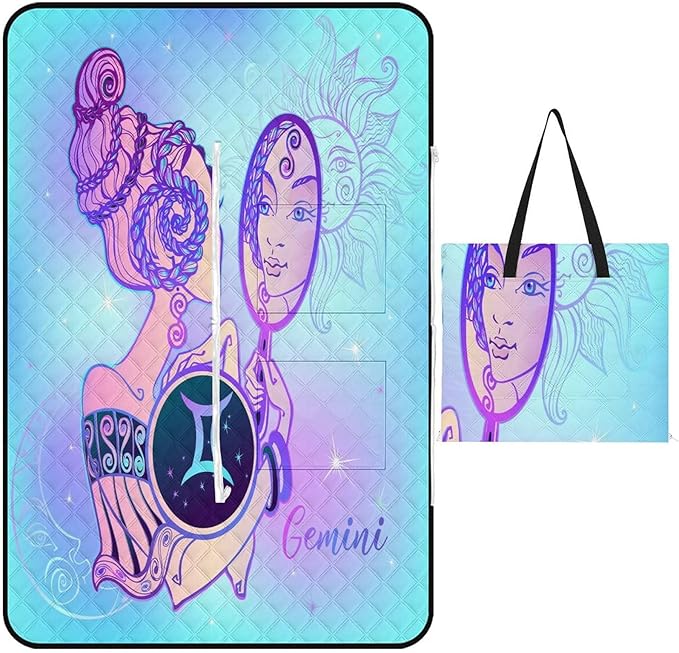 Zodiac-Sign-Gemini Picnic Blankets Outdoor 60"x40" Waterproof Beach Blanket, Foldable Portable Tote Bag, 3-Layer Park Mat for Grass Hiking Travel Concerts - Gemini Blanket for men