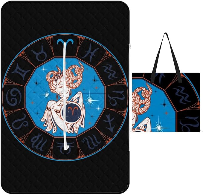 Zodiac-Sign-Aries Picnic Blankets Outdoor 60"x40" Waterproof Beach Blanket, Foldable Portable Tote Bag, 3-Layer Park Mat for Grass Hiking Travel Concerts - Aries Blanket for men