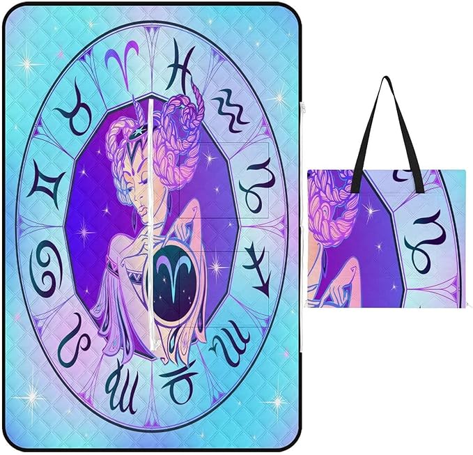 Zodiac-Sign-Aries Picnic Blankets Outdoor 60"x40" Waterproof Beach Blanket, Foldable Portable Tote Bag, 3-Layer Park Mat for Grass Hiking Travel Concerts - Aries Blanket for men