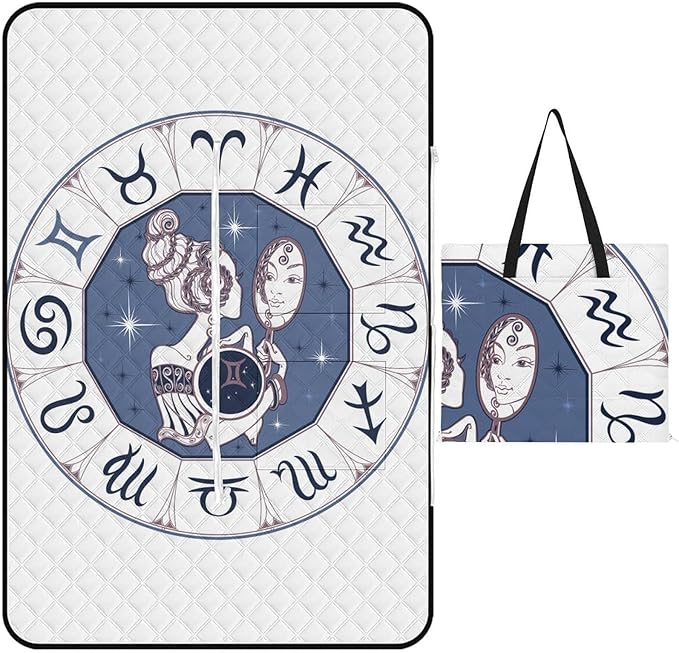 Zodiac-Sign-Gemini Picnic Blankets Outdoor 60""x40"" Waterproof Beach Blanket, Foldable Portable Tote Bag, 3-Layer Park Mat for Grass Hiking Travel Concerts, 150x100cm, Style-11 - Gemini Blanket for men