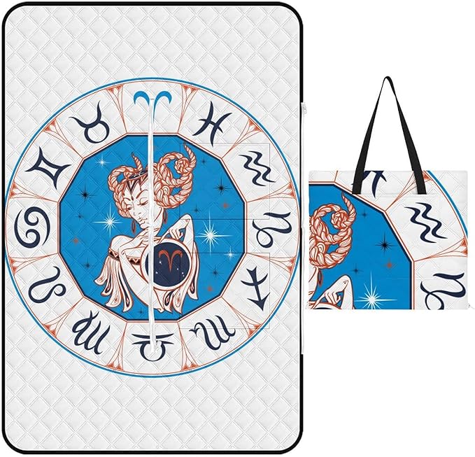 Zodiac-Sign-Aries Picnic Blankets Outdoor 60""x40"" Waterproof Beach Blanket, Foldable Portable Tote Bag, 3-Layer Park Mat for Grass Hiking Travel Concerts, 150x100cm, Style-9 - Aries Blanket for men