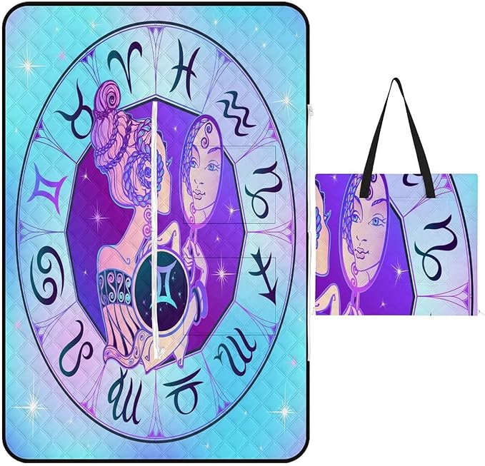 Zodiac-Sign-Gemini Picnic Blankets Outdoor 60"x40" Waterproof Beach Blanket, Foldable Portable Tote Bag, 3-Layer Park Mat for Grass Hiking Travel Concerts - Gemini Blanket for men