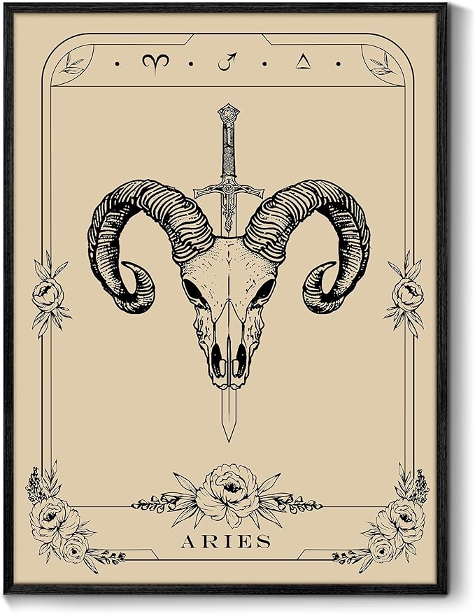 SERIMINO Witchy Framed Wall Art, Aries Tarot Canvas Prints Paintings, Horoscope Dark Academia Home Decor Aesthetic, 12X16inch Gothic Wall Decor for Room - Aries Poster for men