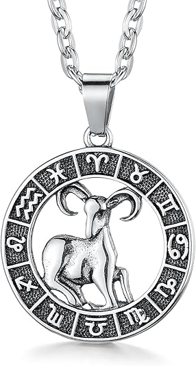Zodiac Sign Pendant Necklaces for Women Men Stainless Steels Leo Constellation Horoscope Medallion Retro Celestial Astrology Jewelry - Aries Necklace for men