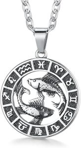 Zodiac Sign Pendant Necklaces for Women Men Stainless Steels Leo Constellation Horoscope Medallion Retro Celestial Astrology Jewelry - Pisces for men