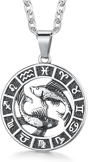 Zodiac Sign Pendant Necklaces for Women Men Stainless Steels Leo Constellation Horoscope Medallion Retro Celestial Astrology Jewelry - Pisces for men