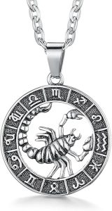 Zodiac Sign Pendant Necklaces for Women Men Stainless Steels Leo Constellation Horoscope Medallion Retro Celestial Astrology Jewelry - Scorpio Products for men